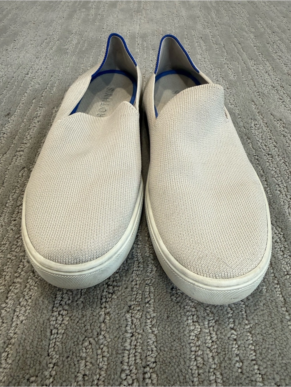 Rothy’s The Slip On Knit Sneakers Cream Blue Trim Size 9